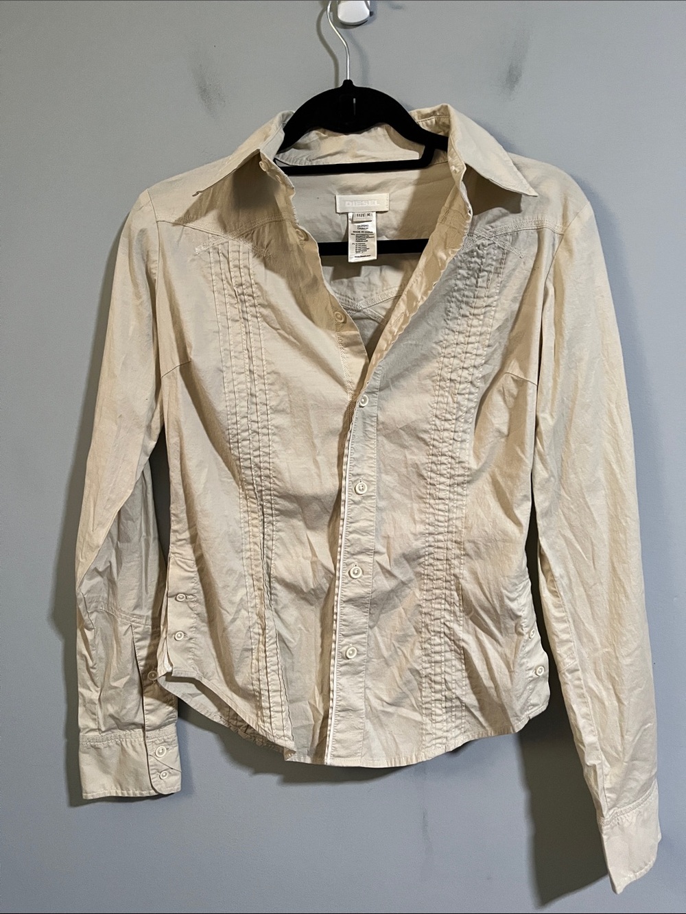 Diesel Y2K Cream Button Front Slim Fit Pintuck Shirt